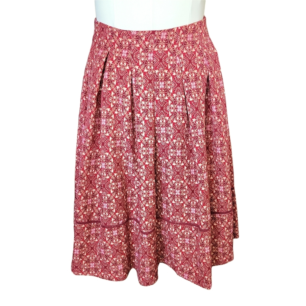 VTG Red Abstract Print Skirt Cream Size S Buttons brand Pattern A-line Pleated